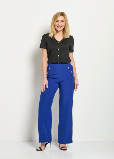Pantalon large uni taille semi-élastiquée Bleu