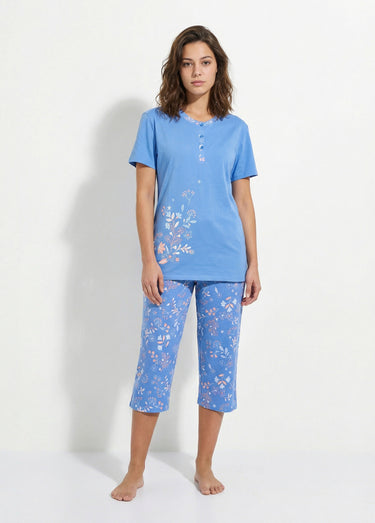 Pyjama fleuri manches courtes et corsaire Bleu