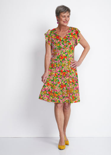 Robe courte volantée imprimé floral Rouge/Vert