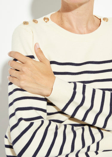 Pull marin épais rayé boutons épaules Ecru Raye Marine