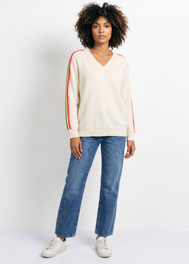 Pull col V manches lignes multicolores Beige