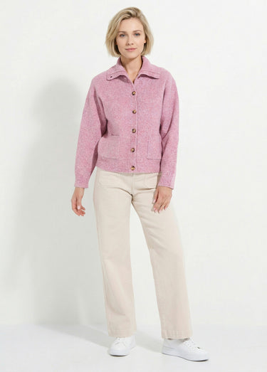 Gilet boutonné chaud côtelé avec laine et fibres recyclées Rose