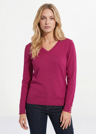 Pull fin col V jersey uni avec laine mérinos Cassis