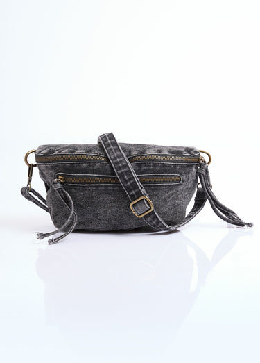Sac banane zippé en jean effet used Jean / Gris