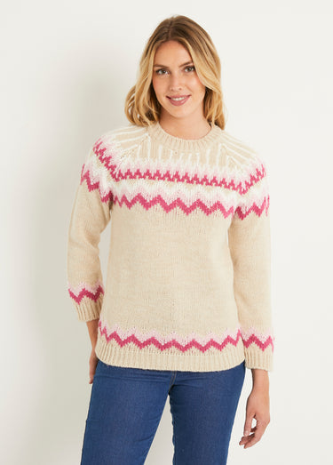 Pull doux  jacquard raglan col rond Beige Rose