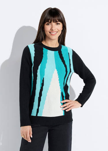 Pull chaud col rond jacquard graphique Noir/Aqua