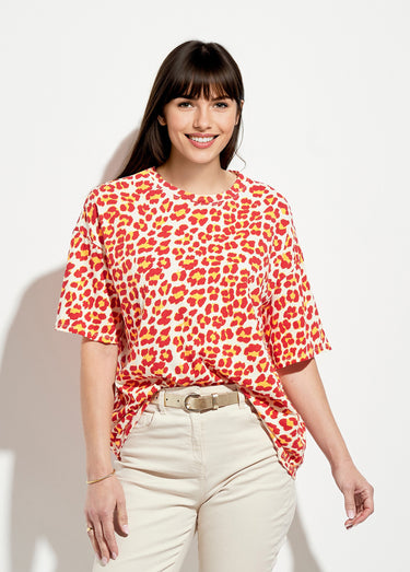 T-shirt manches courtes léopard fluo Rouge/Orange