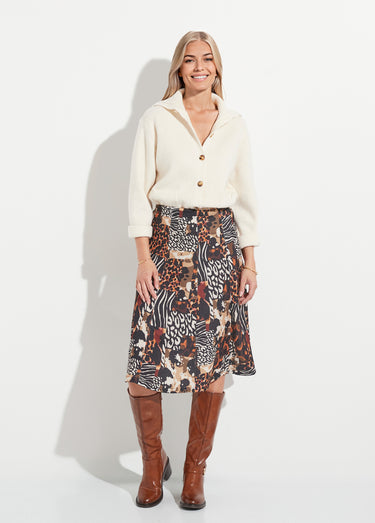 Jupe évasée en maille motif animalier Noir/Orange