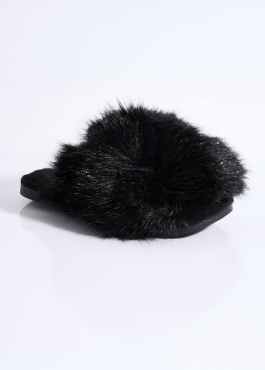 Mules en fausse fourrure longs poils Noir