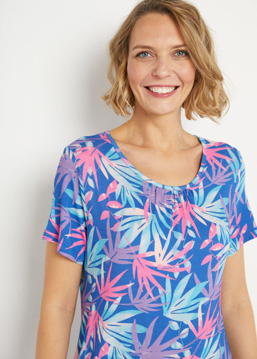 Robe courte droite évasée imprimé feuillage Bleu/Rose