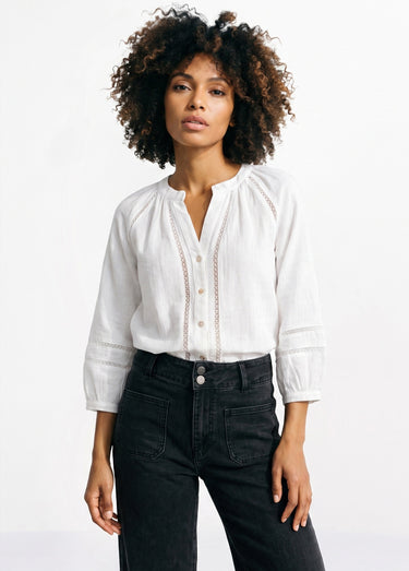 Tunique col V boutonnée, détails macramé Blanc