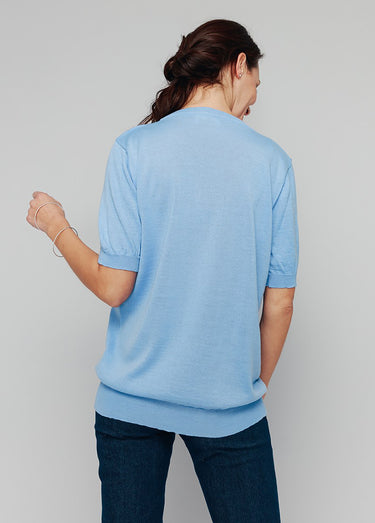 Pull laine mérinos chaud manches courtes Bleu Nuage
