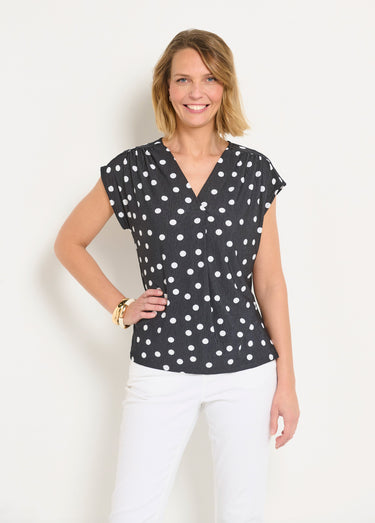Tunique imprimé pois col V manches kimono Noir / Pois