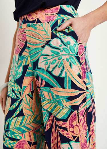 Pantalon large ceinture élastiquée feuillage Vert/Rose