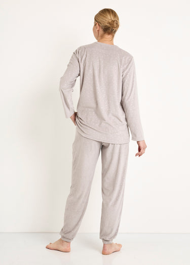 Pyjama pantalon col rond velours embossé pois Gris