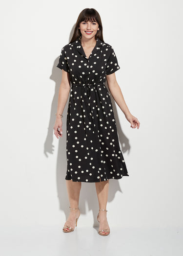 Robe chemisier à pois longue à ceinturer Noir / Pois