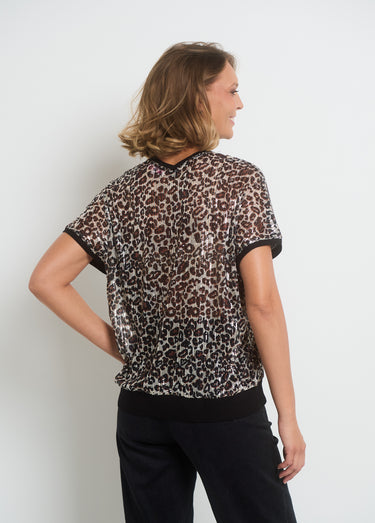T-shirt en résille imprimée avec sequins Animalier