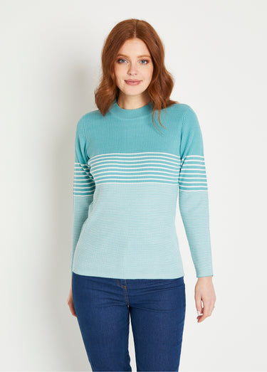 Pull court col montant maille côtelée Aqua/Ecru