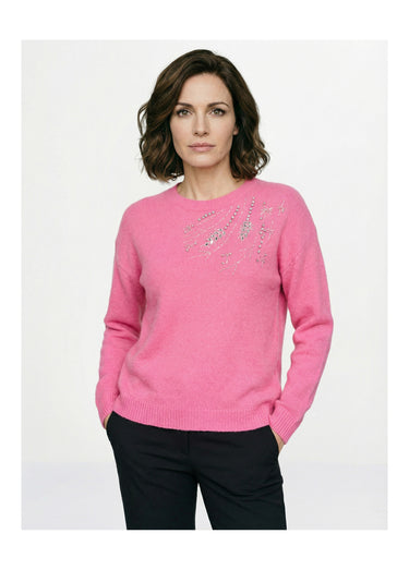 Pull doux col rond avec strass et sequins Rose