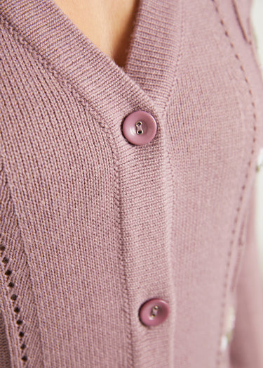Gilet long boutonné brodé perlé col V Cyclamen