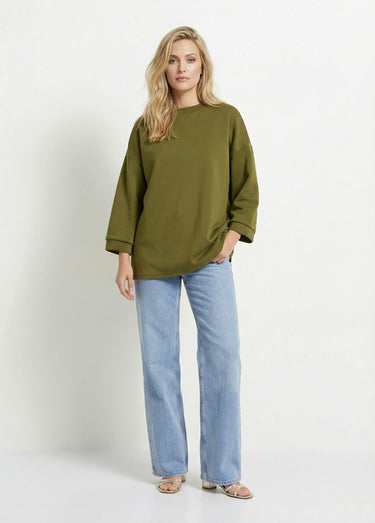 Sweat shirt large col rond, manches 3/4 Vert Olive