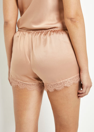 Short de pyjama court satin et dentelle Beige
