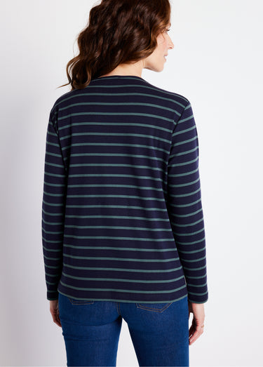 T-shirt marinière court coton manches longues Marine/Vert