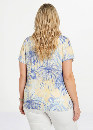 T-shirt court motif et strass col rond Jaune/Bleu
