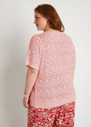 Pull fin ajouré coton manches courtes Rose Poudre