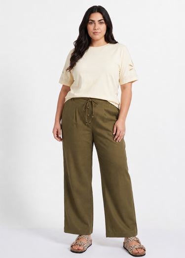 Pantalon large avec lin, style ethnique Kaki