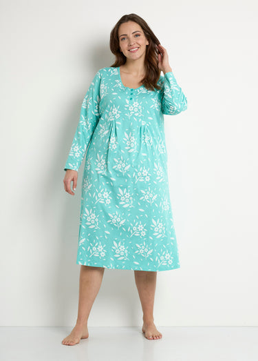 Chemise de nuit boutonnée coton mi longue fleurie Vert
