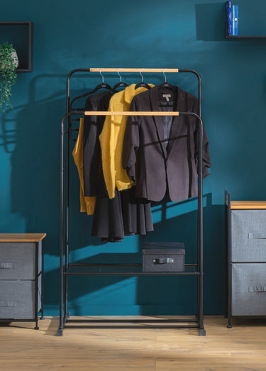 Portant vêtements double métal et bambou Noir / Bois