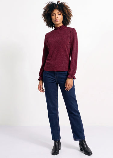 T-shirt col montant col et poignets smockés Bordeaux