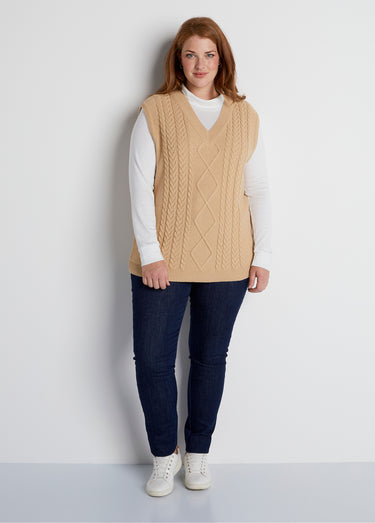 Pull col V sans manches maille fantaisie Beige
