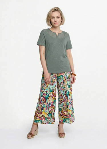 T-shirt coton maille flammée dentelle Kaki