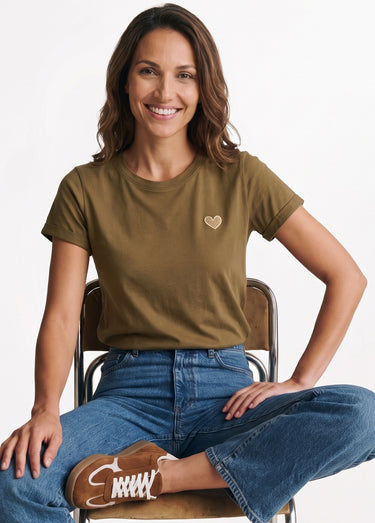 T-shirt manches courtes broderie coeur Kaki
