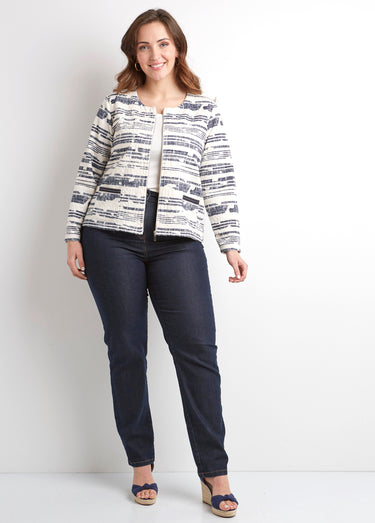 Veste courte sans col zippée irisée Ecru/Marine