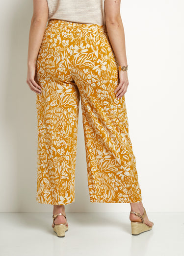 Pantalon large taille élastiquée fleuri ou uni Jaune/Ecru