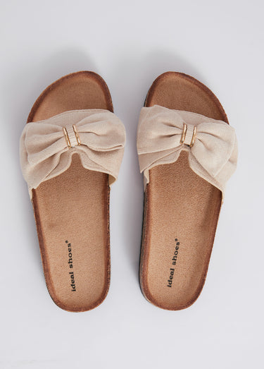 Mules plates effet liège avec nœud tissu Beige