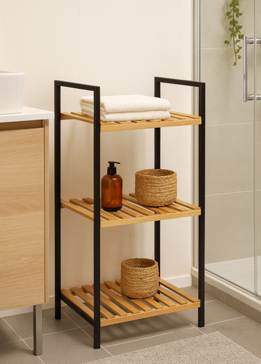 Etagère rangement 3 niveaux métal bois Noir/Bambou