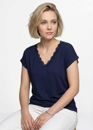 T-shirt court extensible dentelle Marine