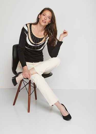 Pull court jacquard strassé col rond Noir/Beige