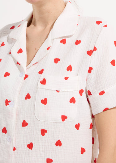 Pyjama short gaze de coton et cœurs Blanc