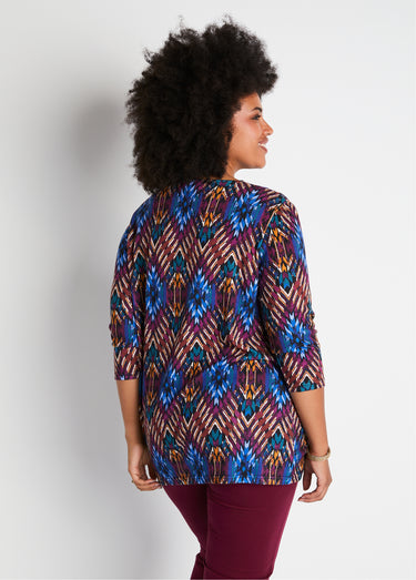 T-shirt long évasé manches 3/4 col rond Bleu/Cassis