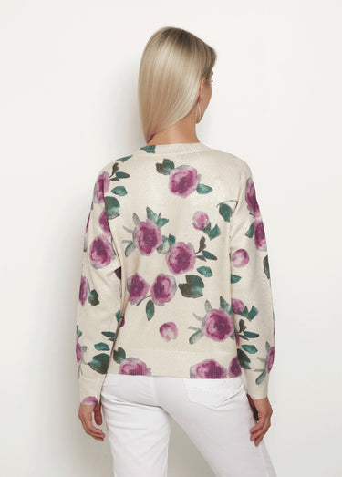Pull maille métallisée, motif fleuri Ecru Imprime