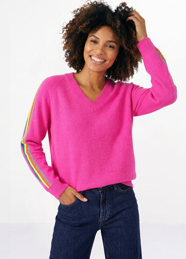 Pull col V manches lignes multicolores Fuchsia