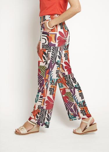 Pantalon fluide stretch, fleuri graphique Beige / imprimé