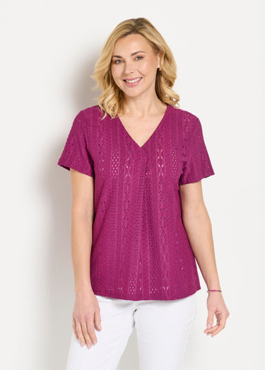 T-shirt ample col V uni effet broderie Cassis
