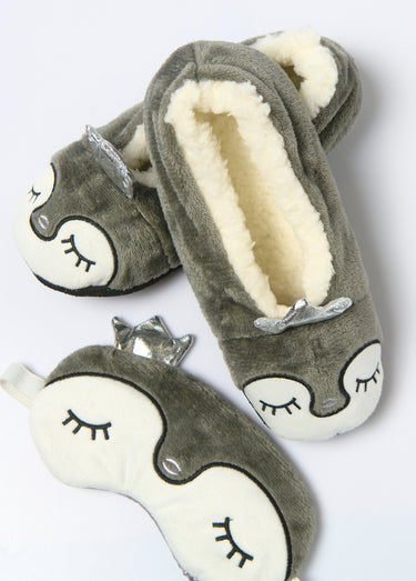 Chaussons + masque sommeil maille peluche Gris