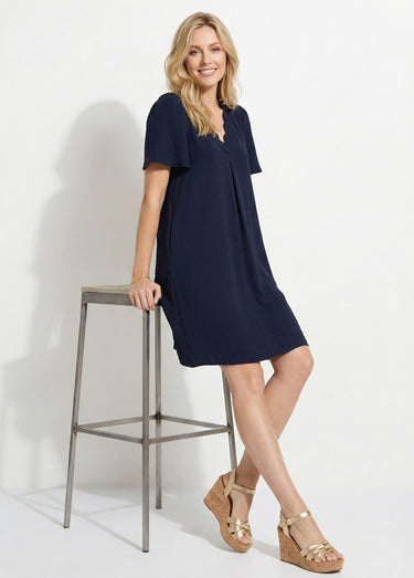 Robe droite courte col V festonné Marine